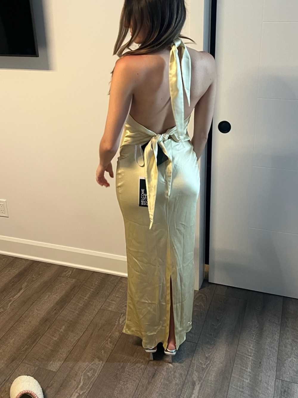 Retrofete Ester Halter Satin Maxi Dress in Pale Yellow - Picture 6 of 6